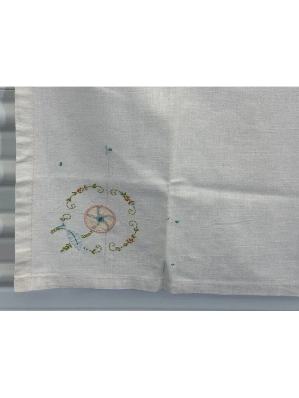 Embroidered Vintage Linen Card Table Applique Floral Tablecloth Topper Design